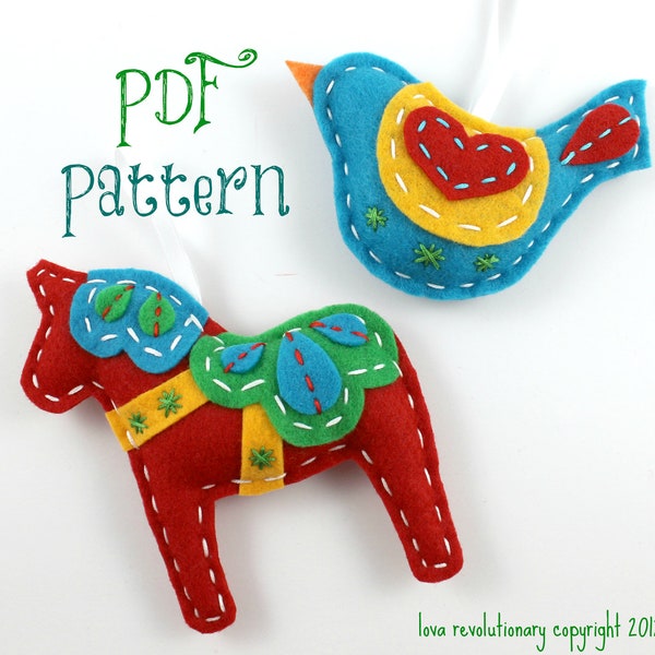 Dala Horse. Swedish Bird. PDF Pattern. Felt Ornaments. Hand Embroidery. Christmas. Holiday. Hand Sewing. Beginner. Scandinavian. Digital.