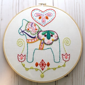 Colorful Dala Horse Hand Embroidery Pattern: Swedish Scandinavian Folk Art (PDF Pattern)