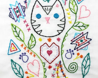 Kitty Cat Hand Embroidery Pattern: Whimsical Floral Design (PDF Pattern)
