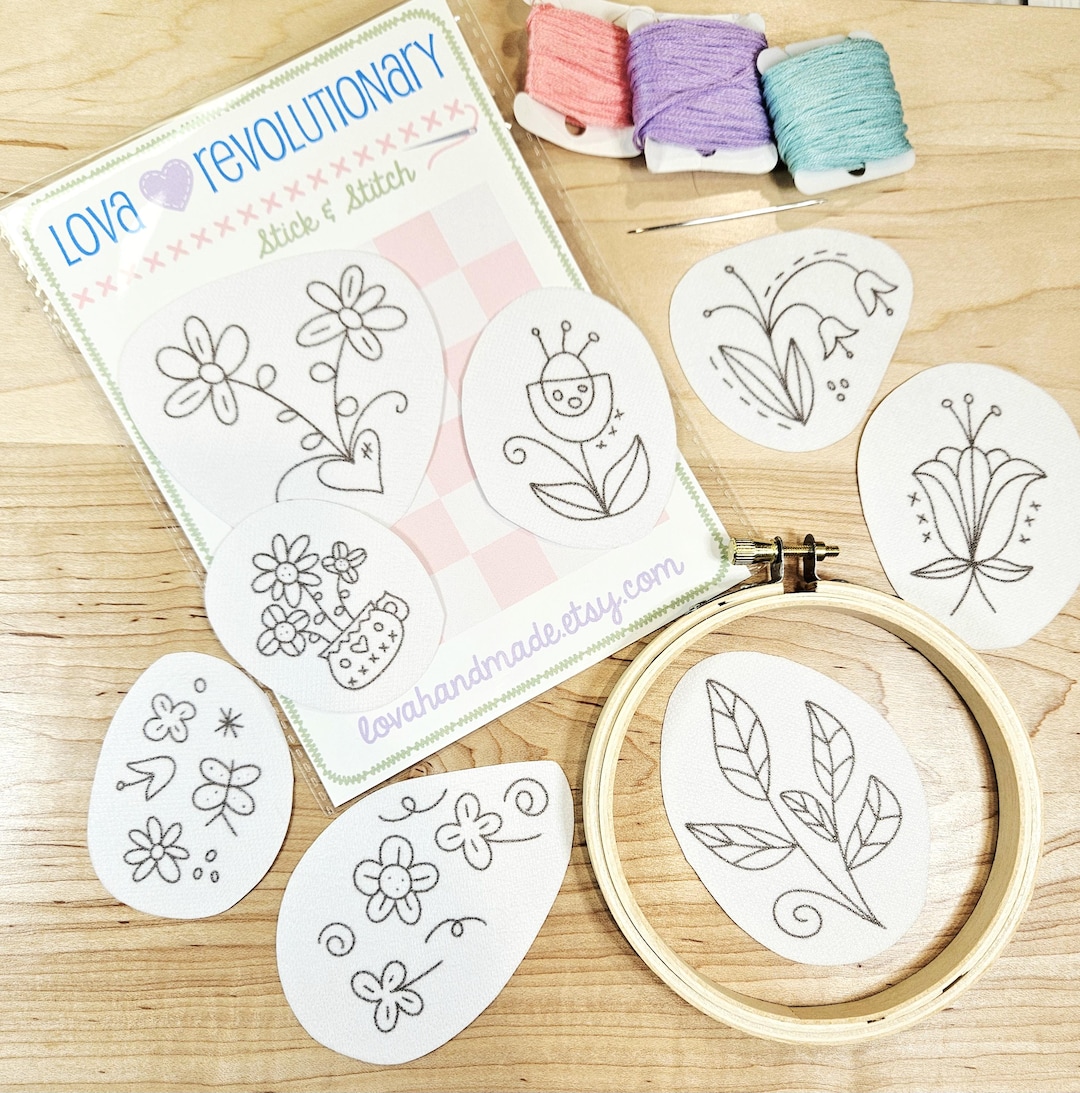 Embroid Effect Sticker Floral Stick and Stitch Embroidery Pattern Pack – 8 Whimsical Flower ...