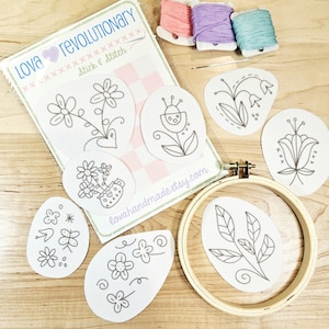 Floral Stick and Stitch Embroidery Pattern Pack – 8 Whimsical Flower & Leaf Designs – Hand Embroidery Transfer Stickers for DIY Projects