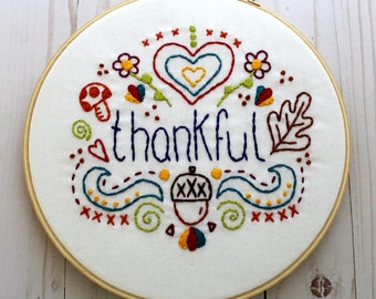 Thankful Words. Hand Embroidery Pattern. Digital Pattern. PDF Pattern. Thanksgiving. Acorns. Fall Autumn. Fall Leaves. Embroidery Design.