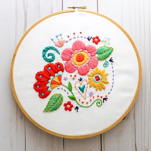 Flower Basket Embroidery Pattern: Boho Floral Design Colorful Floral Embroidery Pattern PDF | Folk Art Inspired Blooms (PDF Pattern)