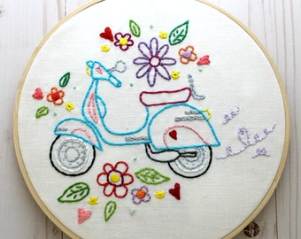 Retro Scooter. Hand Embroidery Pattern. Embroidery Designs. Embroidery Transfer. Digital Pattern. Summer. Vespa Scooter. Vintage Scooter.