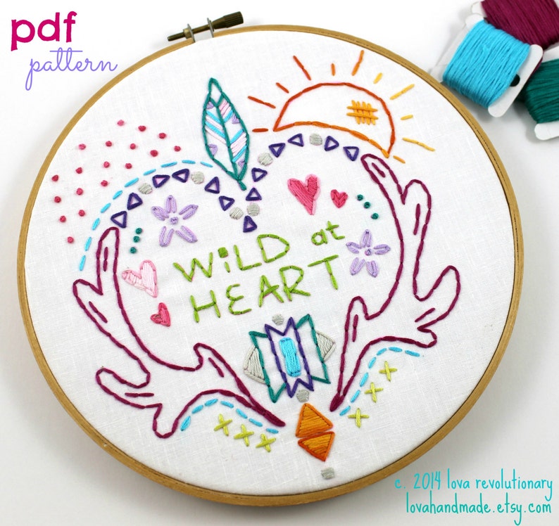 Wild at Heart. Hand Embroidery Pattern. PDF Pattern. Digital Pattern. Embroidery Designs. Western. Heart. Antlers. Feathers. Boho. Hippy. image 2