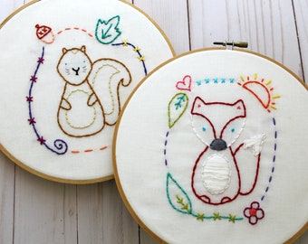 Fox and Squirrel. Hand Embroidery Pattern. PDF Pattern. Embroidery Designs. Woodland Friends. Forest Creatures. Nursery Hoop Art. Cute.