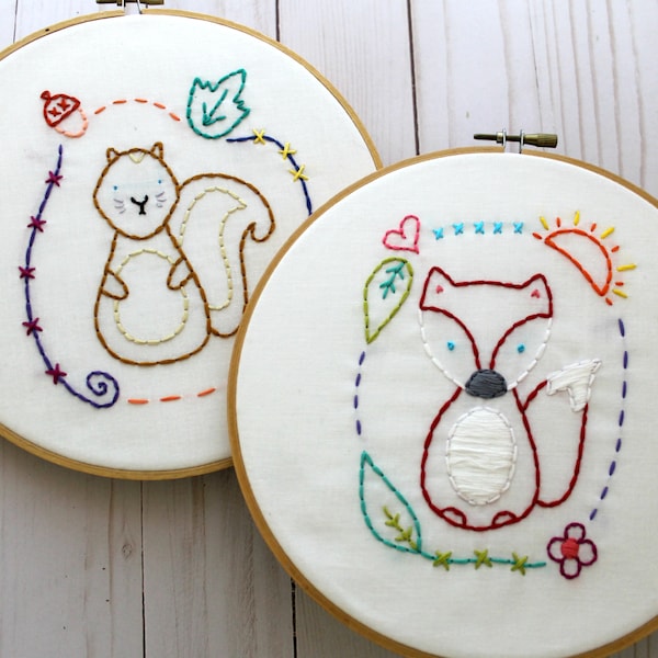 Fox and Squirrel. Hand Embroidery Pattern. PDF Pattern. Embroidery Designs. Woodland Friends. Forest Creatures. Nursery Hoop Art. Cute.