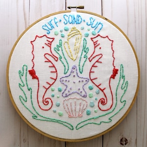 Beach Lover Summer Hand Embroidery Pattern. PDF   Digital Pattern. Ocean. Sea. Beach House. Seashells. Sun.