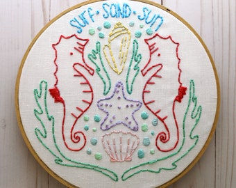 Beach. Seahorse. Summer. Hand Embroidery Pattern. Digital Pattern. PDF Pattern. Ocean. Sea. Beach Lover. Beach House. Seashells. Sun.