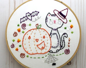 Halloween. Embroidery Pattern. Black Cat. Pumpkin. Bats. Candy Corn. Happy Halloween. Fall. Autumn. Hand Embroidery. Digital Pattern. Cute.