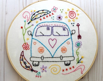 Hippy Van. Hand Embroidery Pattern. PDF Pattern. Embroidery Design. VW Bus. Summer. Travel. Digital pattern. Hippie. Surfer. Beach. Modern.