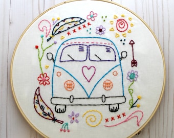 Hippy Van. Hand Embroidery Pattern. PDF Pattern. Embroidery Design. VW Bus. Summer. Travel. Digital pattern. Hippie. Surfer. Beach. Modern.