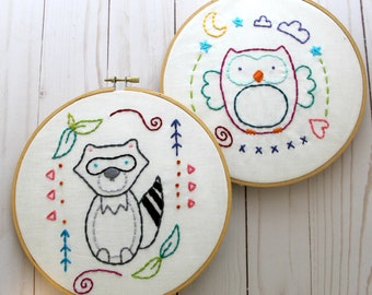 Owl Embroidery. Raccoon Embroidery. Hand Embroidery Pattern. Digital Pattern. Nursery Hoop Art. Nursery Decor. Woodland Decor. Kids Crafts.