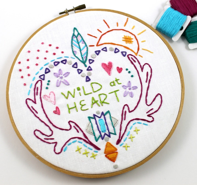 Wild at Heart. Hand Embroidery Pattern. PDF Pattern. Digital Pattern. Embroidery Designs. Western. Heart. Antlers. Feathers. Boho. Hippy. image 3