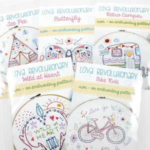 Reusable Iron-On Embroidery Transfer: Whimsical Floral, Camper, Bicycle Designs