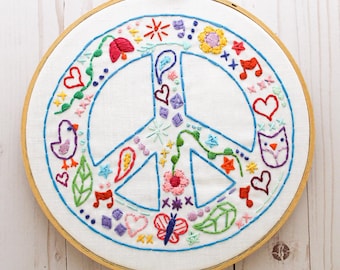 Peace Sign Embroidery Pattern: Hand-Drawn Boho Doodles (PDF Pattern, 7-8 inch Hoop Size)
