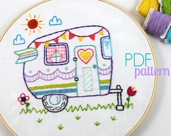 Retro Camper. Hand Embroidery Pattern. PDF Pattern. Summer. Camping. Travel. Road Trip. Embroidery Designs. Vintage Camper. Glamping. Cute.