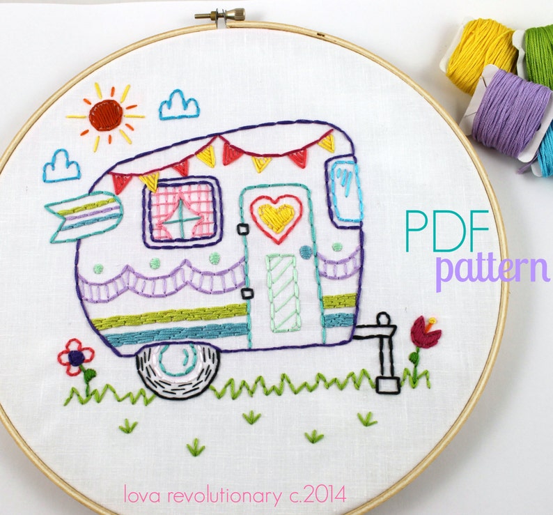 Retro Camper. Hand Embroidery Pattern. PDF Pattern. Summer. Camping. Travel. Road Trip. Embroidery Designs. Vintage Camper. Happy Camper. image 2