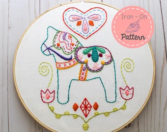 Dala Horse Iron-On Embroidery Pattern: Swedish Scandinavian Folk Art (9-10" Hoop)
