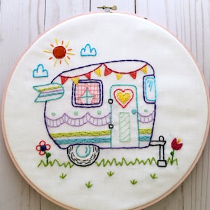 Retro Camper. Hand Embroidery Pattern. PDF Pattern. Summer. Camping. Travel. Road Trip. Embroidery Designs. Vintage Camper. Happy Camper. image 1