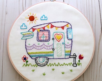 Retro Camper. Hand Embroidery Pattern. PDF Pattern. Summer. Camping. Travel. Road Trip. Embroidery Designs. Vintage Camper. Happy Camper.