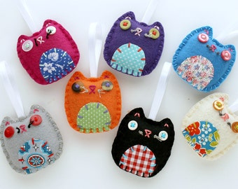 Felt Cat Ornaments: Embroidered Kitty Christmas Decor, Set of 6