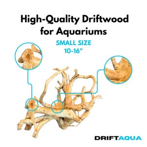 May include: Light brown driftwood for aquariums with multiple branching limbs. Text reads High-Quality Driftwood for Aquariums, SMALL SIZE, 25-41 cm, and DRIFTAQUA. Two circular callouts highlight specific wood textures and knot details.