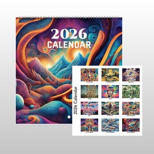 May include: A 2026 calendar with a vibrant, abstract design. The cover features a colorful landscape with mountains and swirling patterns. The calendar includes monthly art prints with various illustrations. The text "2026 Calendar" is displayed prominently.