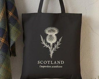 Scottish Thistle Tote Bag | Dark Academia Canvas Shopper | Vintage Botanical Scotland Travel Gift | Black or Natural Cotton Book Bag
