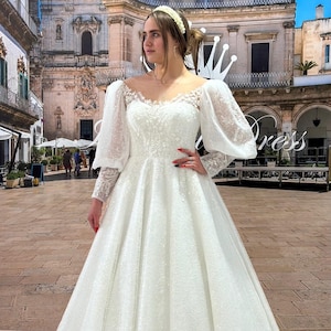 Plus Size A-Line Wedding Dress: Lace & Glitter, Long Sleeves