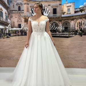 A line wedding dress, plus size wedding dress, lace and tulle wedding dress, floral lace wedding dress, bridal gown, bride dress