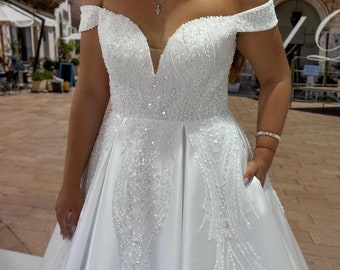 Plus Size Beaded Satin Wedding Dress: Off-Shoulder A-Line with Pockets