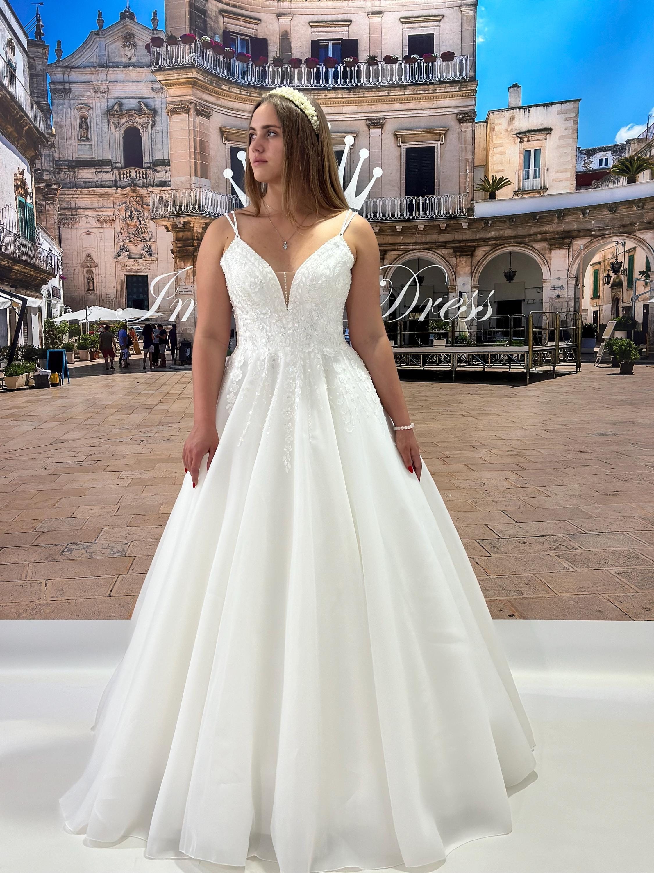 Plus Size A-Line Wedding Dress: Beaded Floral Lace, Double Straps Plus Size A-Line Wedding Dress: Beaded Floral Lace, Double Straps