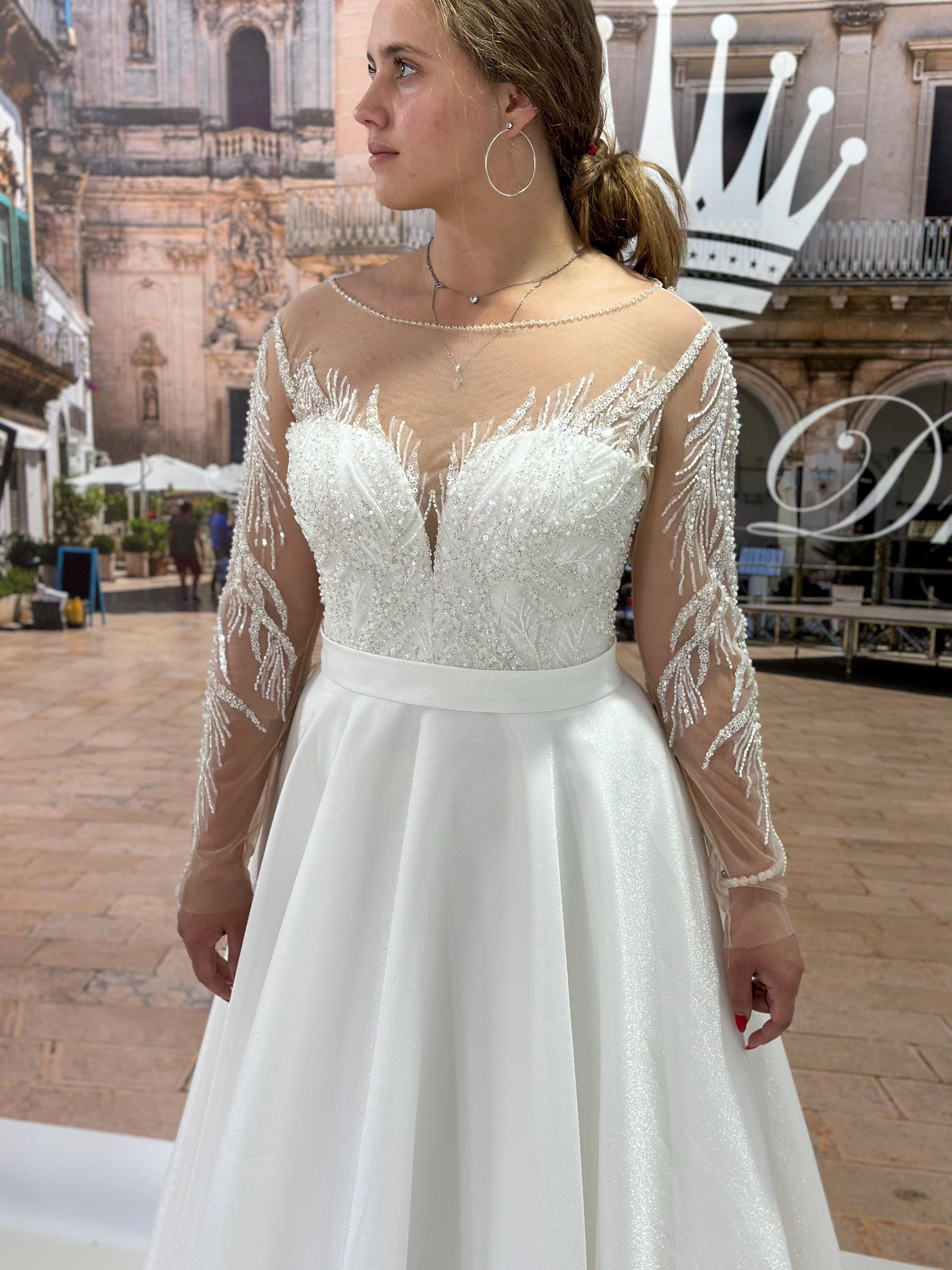 sachin and babi light blue dress Plus Size A-line Satin Wedding Dress: Long Sleeve Lace Bridal Gown