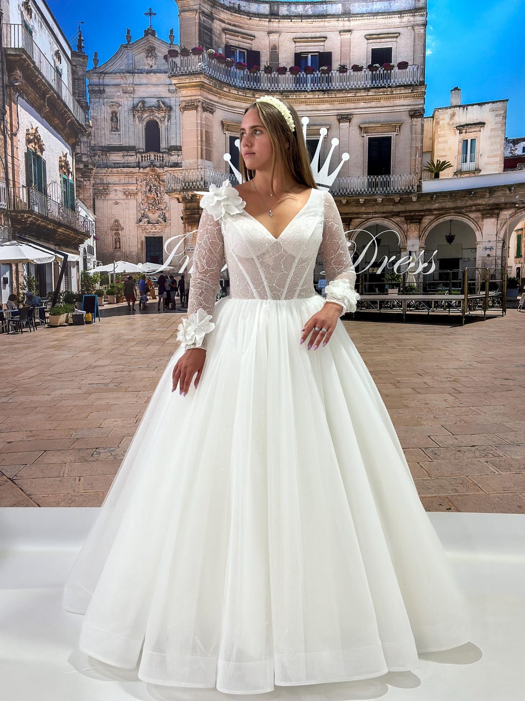 Plus Size A-Line Wedding Dress: Long Sleeves & Flowers