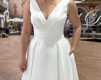 Plus Size A-Line Satin Wedding Dress: V-Neck, Pockets, Adjustable Lacing