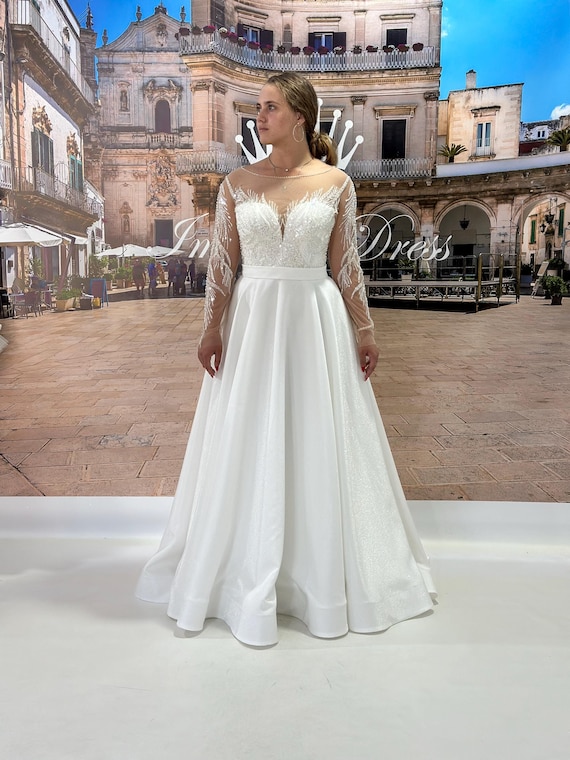Plus Size A-Line Satin Wedding Dress: Long Sleeve Lace Bridal Gown Plus Size A-Line Satin Wedding Dress: Long Sleeve Lace Bridal Gown