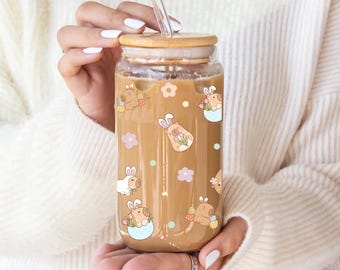 Capybara påskglas iskaffekopp med bambulock och sugrör