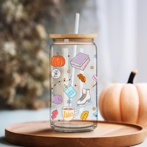 Gilmore Girl Glass Iced Coffee Cup, Gilmore Girl Icon Collage Matcha Latte Glass Cup With Bamboo Lid and Straw