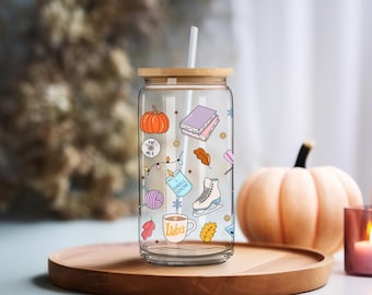 Gilmore Girl Icon Collage Glass Cup, Bamboo Lid, Straw, 16oz