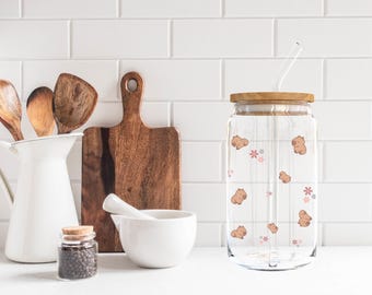 Blommig kapybaraglasmugg med lock och sugrör (473 ml)