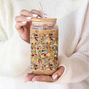 Gilmore Girl Glass Iced Coffee Cup, Gilmore Girl Collage Matcha Latte Glass Cup With Bamboo Lid and Straw