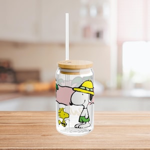 Classic Black and White Dog Summertime Glass Iced Coffee Cup, Cute Summer Matcha Latte Glass Cup With Bamboo Lid and Straw