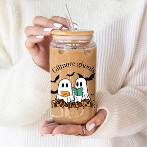 Gilmore Ghouls Halloween Glass Iced Coffee Cup, Bamboo Lid & Straw