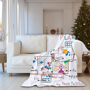 May include: A white throw blanket with a hand-drawn plan of a house on it. The plan includes details like "red hot!" and "micro machines". The text at the bottom reads "by Kevin McCallister".