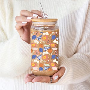 Gilmore Girl Icon Glass Iced Coffee Cup, Gilmore Matcha Latte Glass Cup With Bamboo Lid and Straw