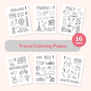 Könnte beinhalten: Sechs weiße Malvorlagen zum Thema Reisen mit schwarzen Strichzeichnungen von Wahrzeichen und Symbolen aus England, Frankreich, Italien, den Niederlanden, den USA und Südkorea. Der Text "Travel Coloring Pages" und "16 pages" sind ebenfalls sichtbar.
