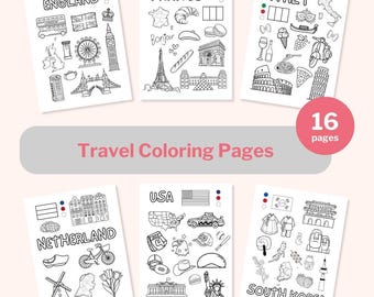 Könnte beinhalten: Sechs weiße Malvorlagen zum Thema Reisen mit schwarzen Strichzeichnungen von Wahrzeichen und Symbolen aus England, Frankreich, Italien, den Niederlanden, den USA und Südkorea. Der Text "Travel Coloring Pages" und "16 pages" sind ebenfalls sichtbar.