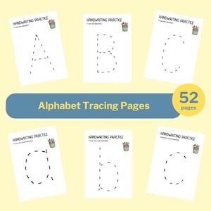 52 pagine di tracciamento dell'alfabeto stampabili Pagine di attività di pratica di scrittura a mano Attività divertenti ed educative per la scuola materna PDF perfette per la scuola domestica