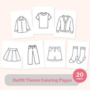Könnte beinhalten: Strichzeichnungen von Kleidungsstücken, darunter ein Hemd mit Knöpfen, ein T-Shirt, eine Strickjacke, ein Faltenrock, eine Hose, Shorts und Socken, werden auf weißen Karten angezeigt. Der Text "Outfit Theme Coloring Pages" steht unten, mit "20 Seiten" in einem rosa Kreis.